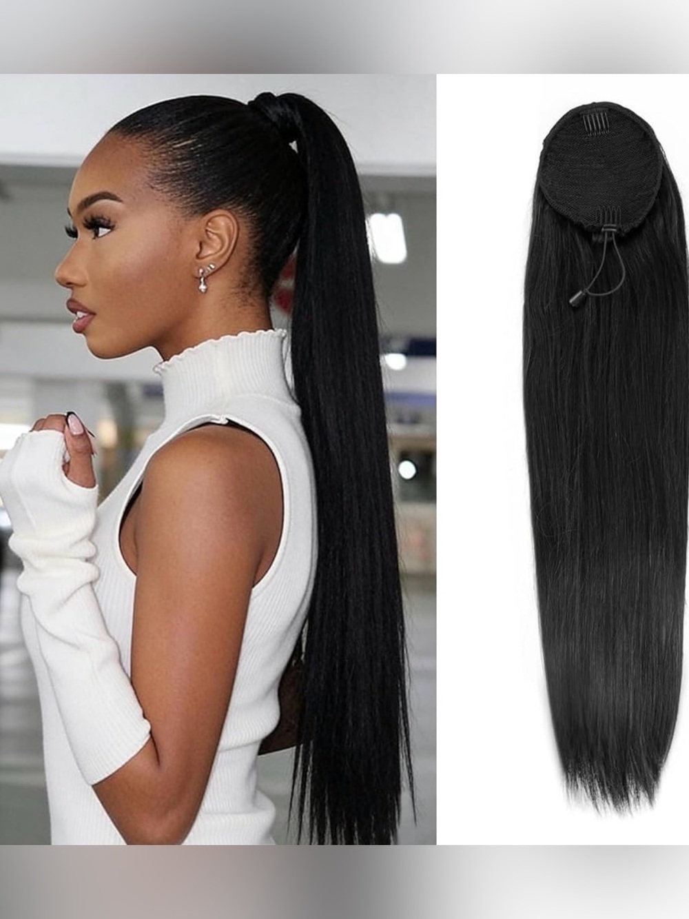 New! 16” Drawstring Ponytail Extension Natural Color 1B